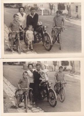 Zwei alte Familienfotos Motorrad Fahrräder Kinder Volksmund