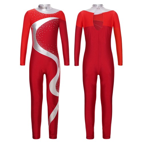 Mädchen Gymnastik Anzug Langarm Glitter Strass Leotard Figure Skating Bodysuit - Picture 88 of 128