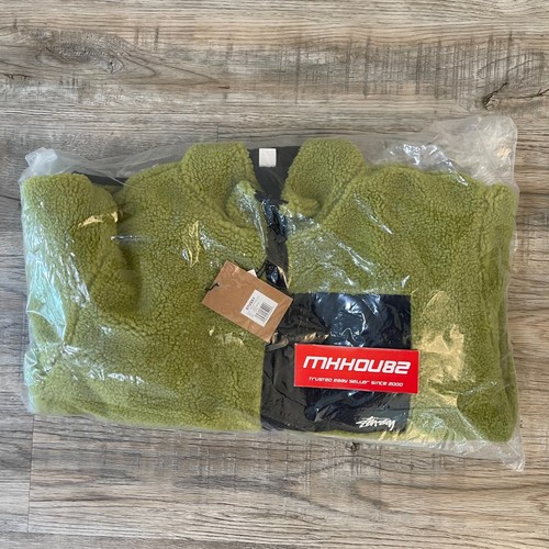New Stussy Sherpa Reversible Jacket Fleece Zip Up Moss Green Black Size L - Picture 8 of 8