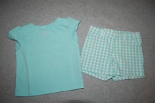 Baby Girls Outfit AQUA TURQUOISE T-SHIRT & GINGHAM CHECKER SHORTS Pockets 0-3 MO