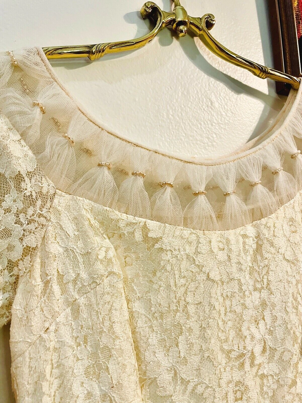 OFF WHITE Abito da sposa vintage anni 50 bianco sporco pizzo e tulle perle nuovo look gonna a cerchio *xxs xs