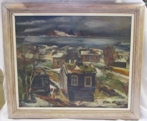 1937 Wymieniony norweski artysta Ola Abrahamsson OOC Malarstwo Norse Village - Zdjęcie 1 z 10