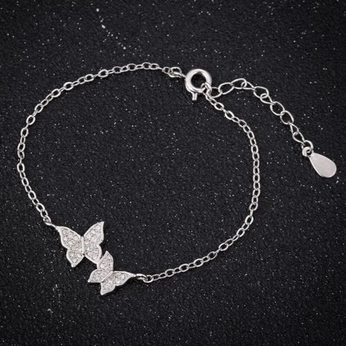 ZARD Double Butterfly Dainty Link Chain Bracelet in  CZ Pavé Sterling Silver - Picture 1 of 6