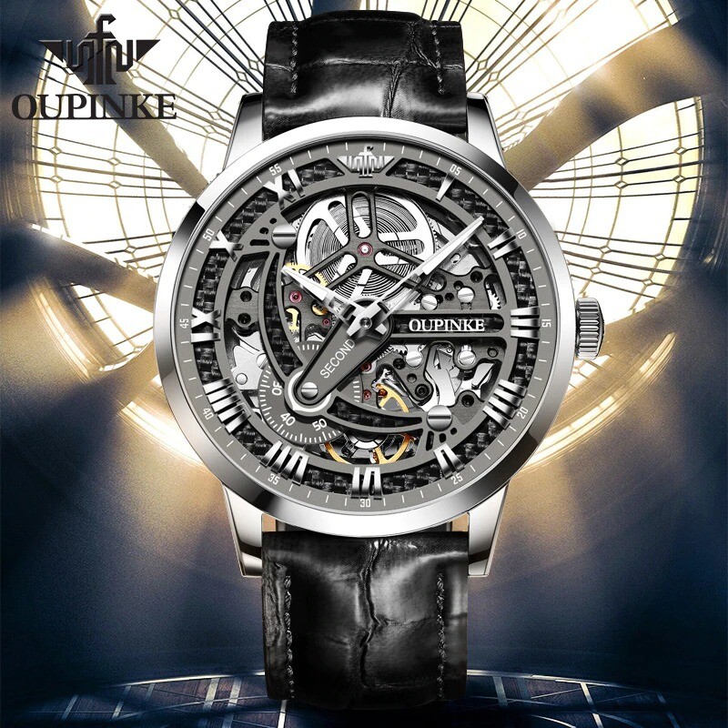 OUPINKE Luxury Men's Mechanical Automatic Classic Skeleton Leather