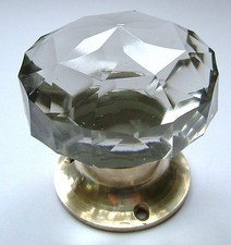 glass door knobs, large crystal cut multifaceted Brass base (pairs) Beautiful !