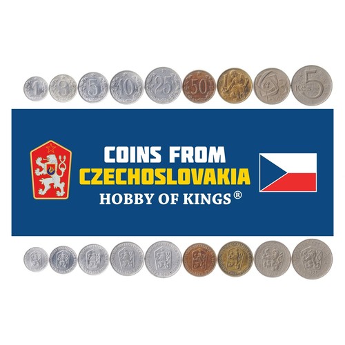 Set 9 Coins Czechoslovakia 1 3 5 10 25 50 Hellers 1 3 5 Korun 1961 - 1976