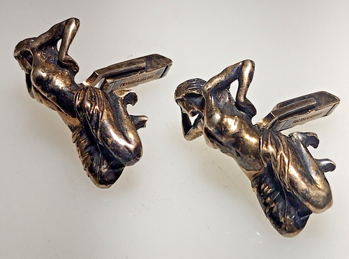 Vintage Figural Sterling Silver Fenwick Sailors Nude Female Cufflinks