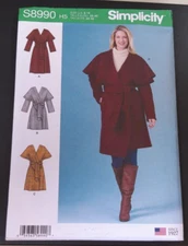 Simplicity Pattern S8990 Ms Wrap Coat w/Sleeve Opt & Cape Effect & Belt Sz 6-14
