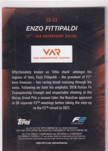 Topps 2024 Chrome Formula 1 No. SD-23 Enzo Fittipaldi Gold Sapphire 8/50 - Bild 2 von 2