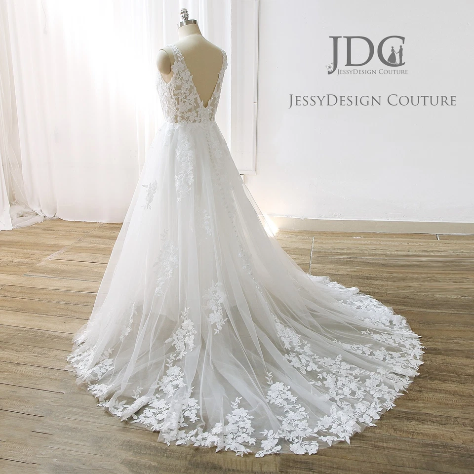 Vestido de novia de encaje con hojas vestido de novia hecho a medida corsé correas abertura rubor nuevo Foto 4 de 4