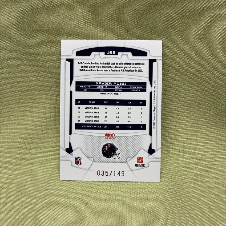 2008 Leaf Rookies & Stars Longevity Rookie Sapphire /149 Xavier Adibi #185 RC🔥 - Image 2 of 2