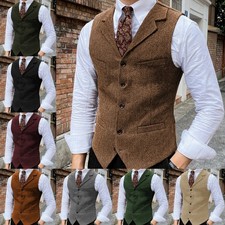 Vintage Herringbone Mens Vest British Style Tweed Waistcoat Casual for JeansSuit