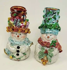 Pair of Metallic Painted Finish Plaster Chalkware Taper Candle Holders Snowman 