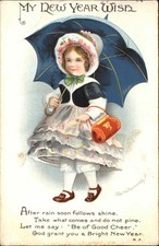 CLAPSADDLE NEW YEAR Int'l Art Little Girl w Umbrella Parasol Antique Postcard
