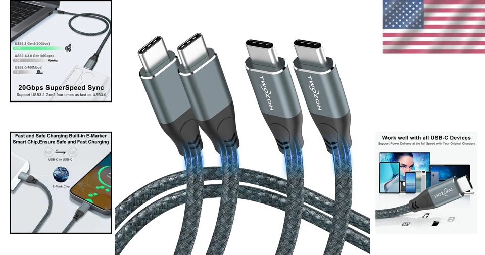 2-Pack 15FT USB C to USB C Cable 20Gbps Data Transfer - Image 2 of 4