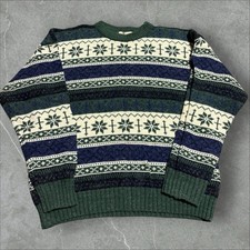 Vintage Knitted Jumper Abstract Patterned Grandad Knit Sweater Men's L Green