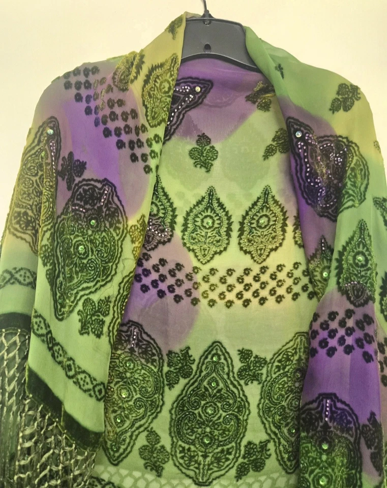 Boho Beaded Embroidered Fringe Shawl – Green & Purple NWOT XL - Image 3 of 4