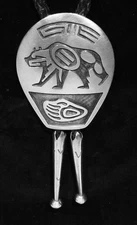 LARGE OLD 1982 Signed Hopi Raymond Kyasyousie 925 Silver Grizzly Bear Bolo Tie