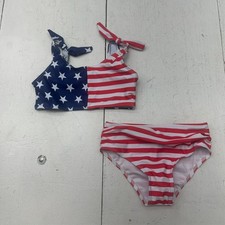 Shein Red White Blue Flag Print 2 Piece High Waisted Swimsuit Set Girl Size 3-4Y