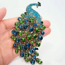 Art Nouveau Peacock Brooch Pins Vintage Style Green Crystal Rhinestone Pendant