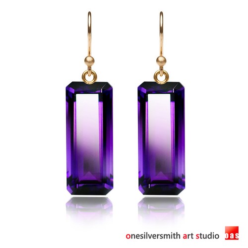 BEST SELLER . Pure Solid  Gold 14k 18k Long Amethyst Designer Earrings - Afbeelding 1 van 12