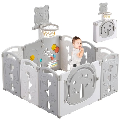 Faltbarer Laufstall für Babys 113x113 cm mit Spielzeugboard, Grau und sicher