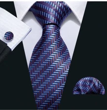 Barry.Wang Stripe Men Ties Set Classic WOVEN Necktie with Handkerchief Cufflinks