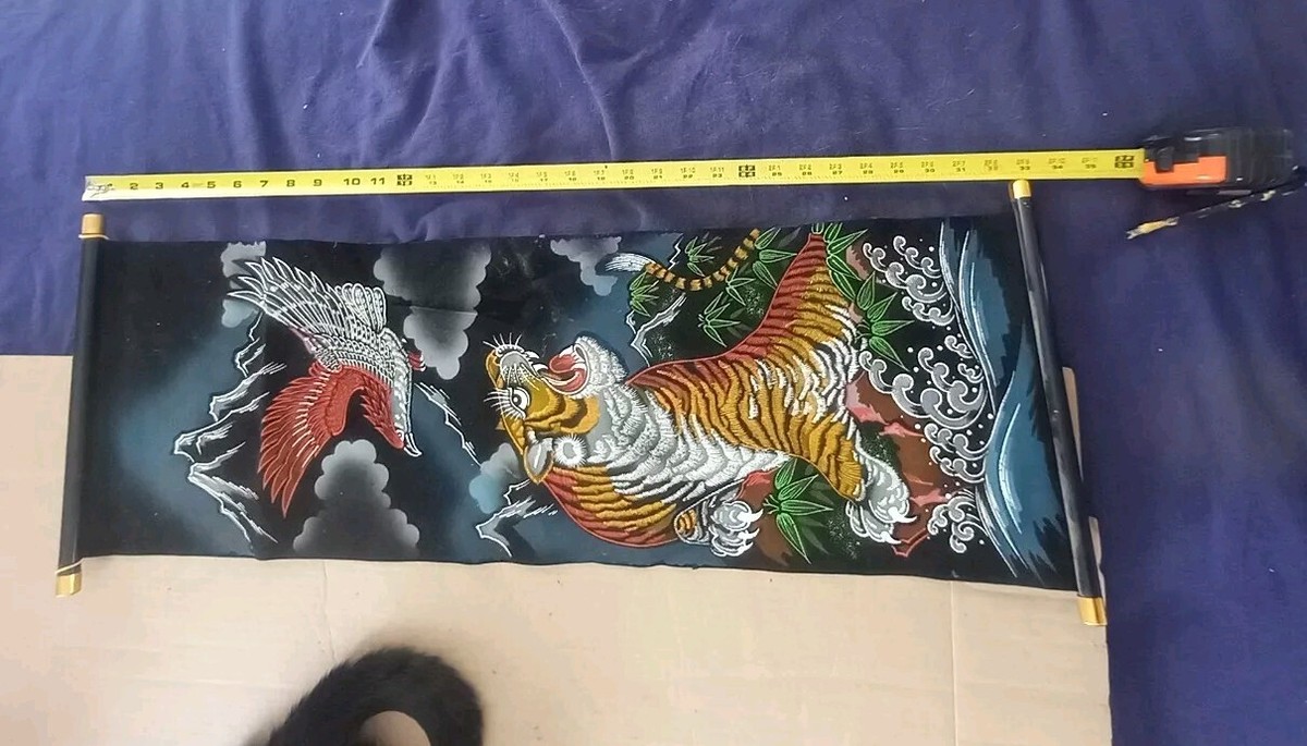 Vintage Japanese Black Velvet Hanging Scroll W/ Tiger, Bird