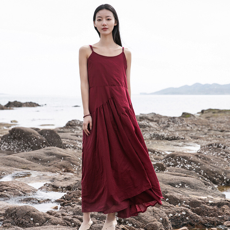 Women Asymmetric Cami Strappy Dress Loose Baggy Ruffle Layered Casual