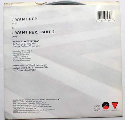 KEITH SWEAT I WANT HER / I WANT HER PART 2 45 7" VINYL & PICTURE SLEEVE - Picture 2 of 2
