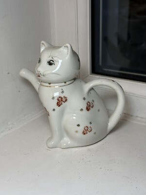 Chinesische Porzellan Teekanne orange Blumen Maneki-neko Good Luck 14 cm