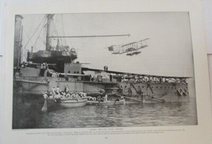 Military Airplane Landing on Naval Ship 1920 Print World War I