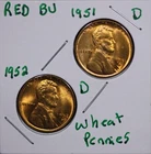 1951 D & 1952 D  LINCOLN WHEAT CENT PENNIES 1C RED BU SET (2 COINS)