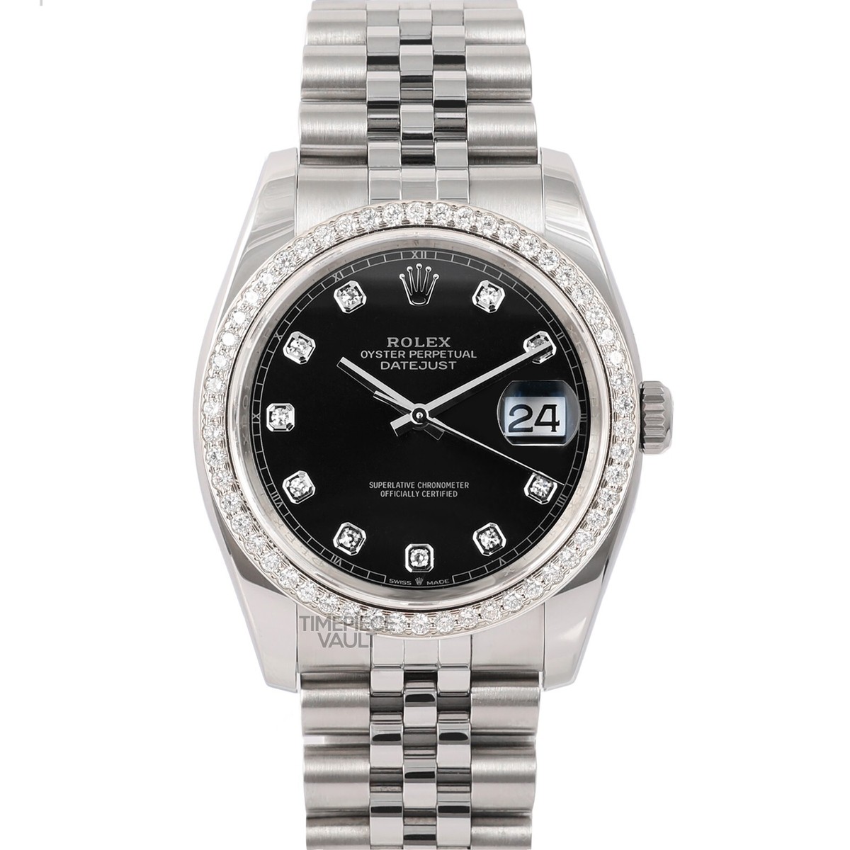 ROLEX MEN DATEJUST 116234 STEEL 36MM WATCH BLACK DIAMOND DIAL 18K