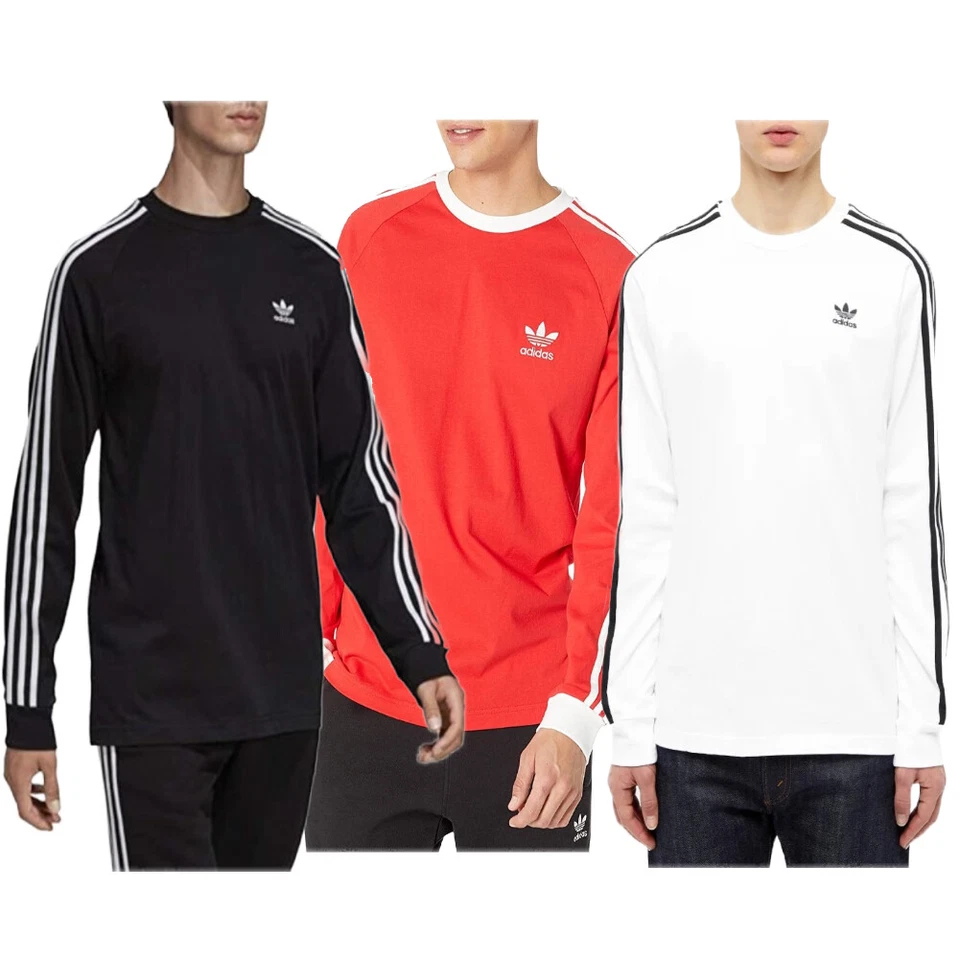 Adidas Para Hombre Camisa Manga Larga 3 Rayas Adicolor Clásicos Acanalado Cuello Redondo Camiseta