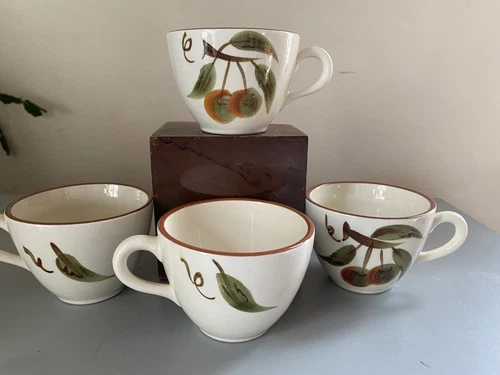 Stangl Pottery Orchard Song Tea Cup Mug Rim Stripe Hand Painted Apples Set Of 4