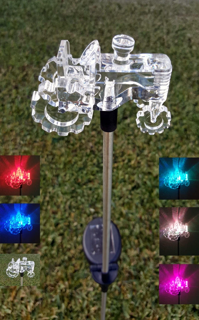 Set of 2 Garden Decoration Clear Acrylic Tractor Solar Yard Stick Color Change