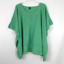 Raj Womens ONE SIZE Green Embroidered Poncho with Pom Pom Fringe