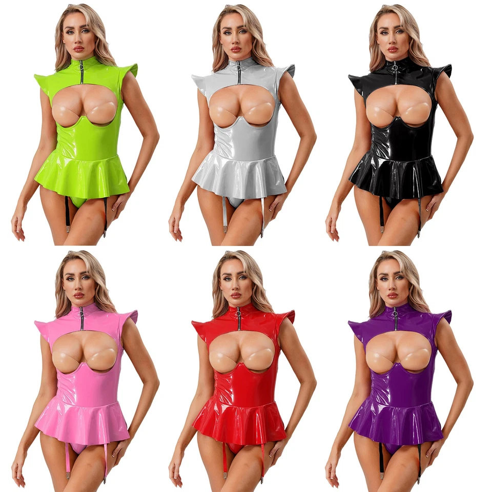 DE Damen Wetlook Body Leder Bodysuit Overall Lackleder Glänzend Dessous Catsuit - Bild 3 von 3