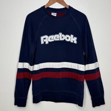 REEBOK Classic Men's Medium Sweatshirt Navy Blue Pullover Crewneck Striped Logo