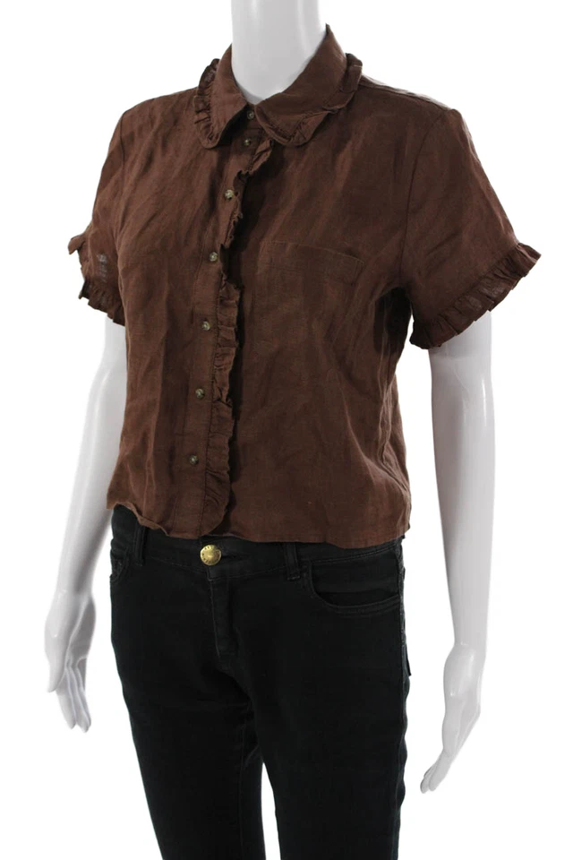 Blusa J Crew Mujer Corte Lino Cuello Abotonado Marrón Manga Corta Talla XS Foto 2 de 4