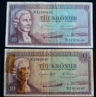 Iceland 2 x 10 Kronur Banknotes. Dated 1957 & 1961 Pick #'s; Error 38a & 42.