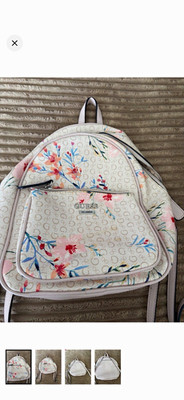 GUESS Women s Floral Logo Print Backpack White Multicolor Zip, Pockets