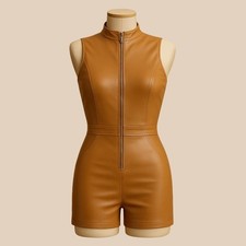 Handmade Mango tan Real Leather Mini Dress Backless Bodycon Party Outfit