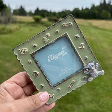 Elegance Silver Enamel Baby Picture Frame Rhinestsone Teddy Bear Green 3x3 Sq