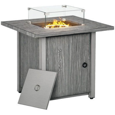 Outsunny Gas Feuerstelle Tisch mit 40.000 BTU Brenner, Abdeckung, Glasscheibe, grau
