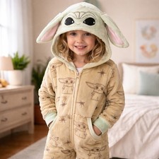 Star Wars Grogu Hooded Fleece One Piece Pajamas Kids S 4-6 Baby Yoda