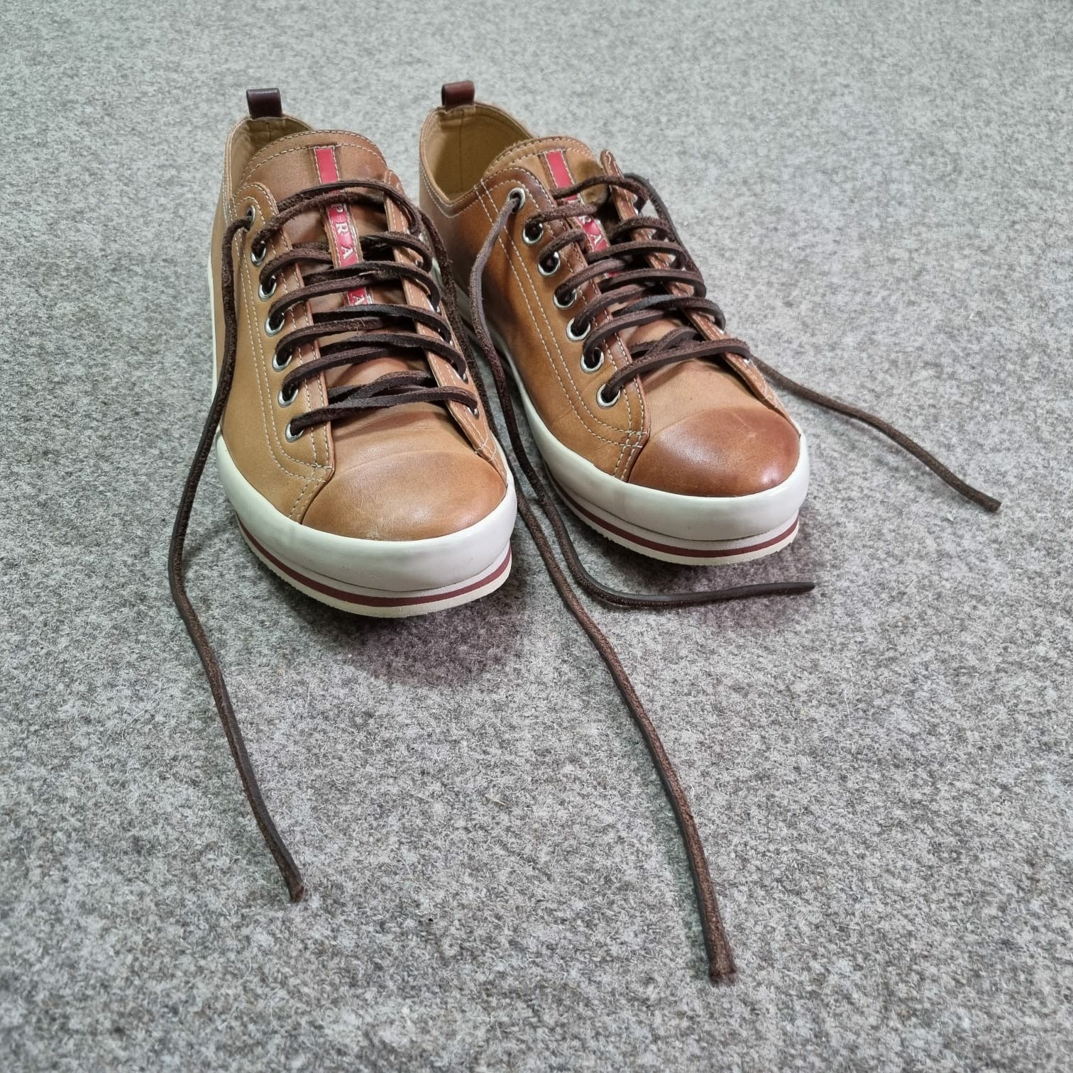 PRADA Linea Rossa Men Shoes Tan Leather Luxury Sneakers Prada Camel Brown 8 US thumbnail 11