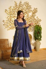 Blue Bandhani Printed Anarkali Kurti Set With Dupatta And Pant Party Wear