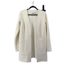 L.L. Bean Ivory Textured Open Front Cardigan Jacket Cotton Blend Mid Length Sz S